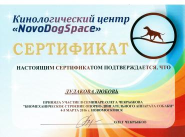 Сертификат о посещении семинара О.А.Чекрыжова по теме «Биомеханическое строение опорно-двигательного аппарата собаки» 4 и 5 марта 2016 г.